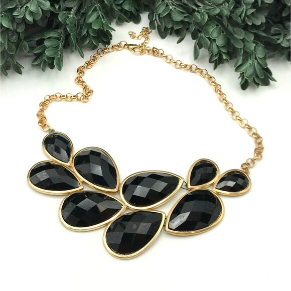 Gold Tone Chain Statement Necklace With Black Teardrop Crystal Accents - Picture 1 of 5